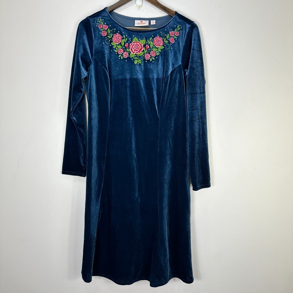Quacker Factory Velvet Embroidered Floral‎ Dress Small Blue Cottage Romantic NWT